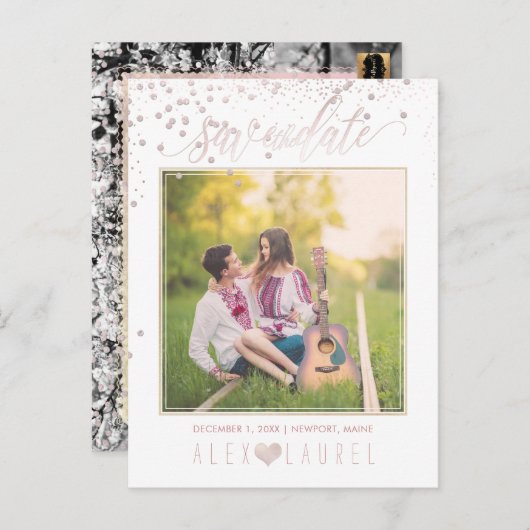 PixDezines Rette das Datum/Blush Pink Confetti Ankündigungspostkarte (Vorne/Hinten)