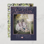 PixDezines Rette Date/Imitats Rose Gold Confetti Ankündigungspostkarte (Vorne/Hinten)