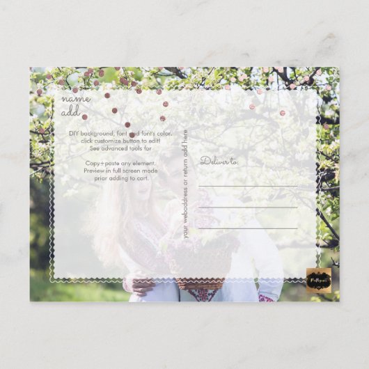 PixDezines Rette Date/Imitats Rose Gold Confetti Ankündigungspostkarte (Rückseite)