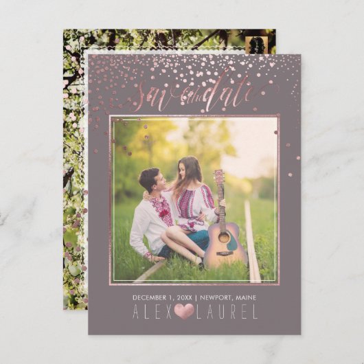 PixDezines Rettete Datum/Imitate Rose Gold Confett Ankündigungspostkarte (Vorne/Hinten)