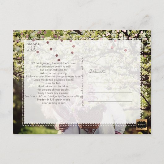 PixDezines Rettete Datum/Imitate Rose Gold Confett Ankündigungspostkarte (Rückseite)