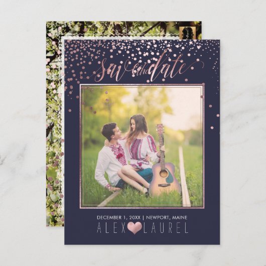 PixDezines Rettete Datum/Imitate Rose Gold Confett Ankündigungspostkarte (Vorne/Hinten)