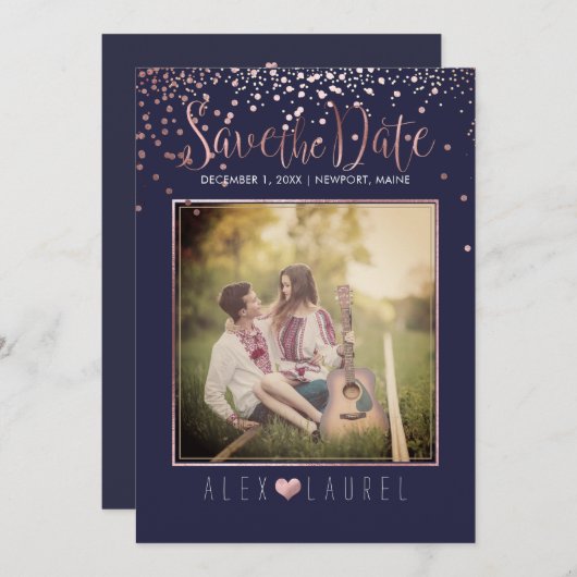 PixDezines Rettete Datum/Imitate Rose Gold Confett Einladung (Vorne/Hinten)