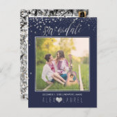 PixDezines Rettete Datum/Imitate Silver Confetti Ankündigungspostkarte (Vorne/Hinten)