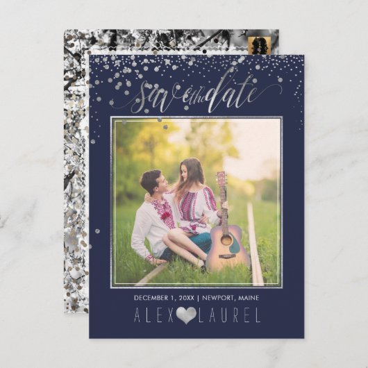 PixDezines Rettete Datum/Imitate Silver Confetti Ankündigungspostkarte (Vorne/Hinten)