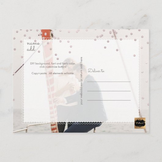 PixDezines Rettete Datum/Rosa Konfetti Ankündigungspostkarte (Rückseite)