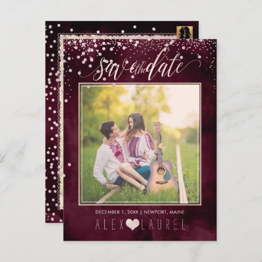 PixDezines Rettete Datum/Rosa Konfetti Ankündigungspostkarte (Vorne/Hinten)