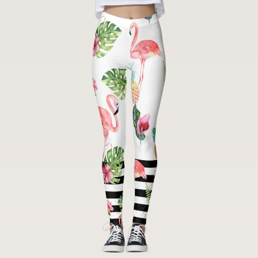 PixDezines rosa Flamingos+einstellbare schwarze St Leggings (Vorderseite)