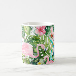 PixDezines Rosa Flamingos+Tropisches Blattwerk Kaffeetasse