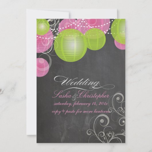 PixDezines rosa+grüne Laternen/Tafel Einladung (Vorderseite)