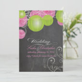 PixDezines rosa+grüne Laternen/Tafel Einladung (Stehend Vorderseite)