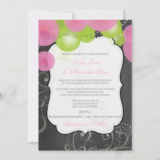 PixDezines rosa+grüne Laternen/Tafel Einladung (Rückseite)