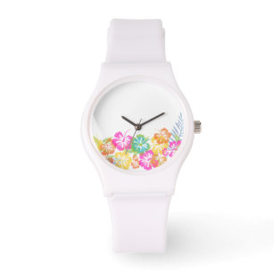 PixDezines rosa Hibiskus/dunkler Hintergrund Armbanduhr