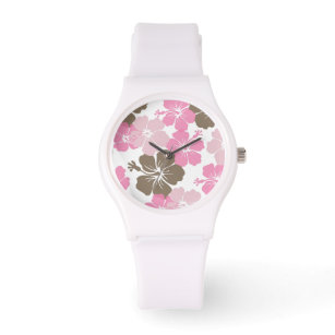PixDezines rosa Hibiskus/dunkler Hintergrund Armbanduhr
