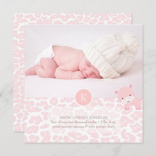 PixDezines-Rosa-Hippo+Leopard-Geburtsankündigung Ankündigung (Vorne/Hinten)