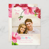 PixDezines rosa/roter Hibiskus/Save the Date Ankündigungspostkarte (Vorne/Hinten)