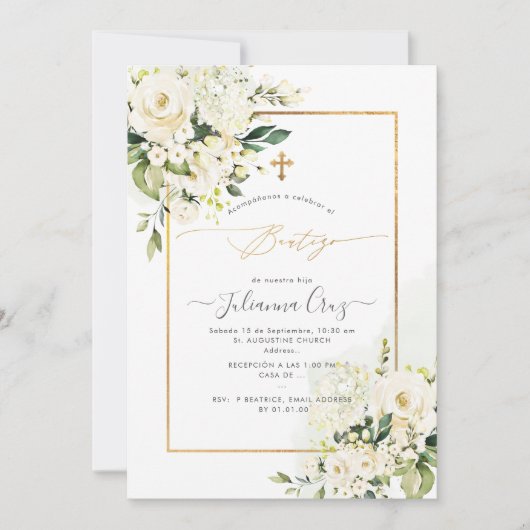 PixDezines Rosas Crema y Hortensias Bautizo Einladung (Vorderseite)