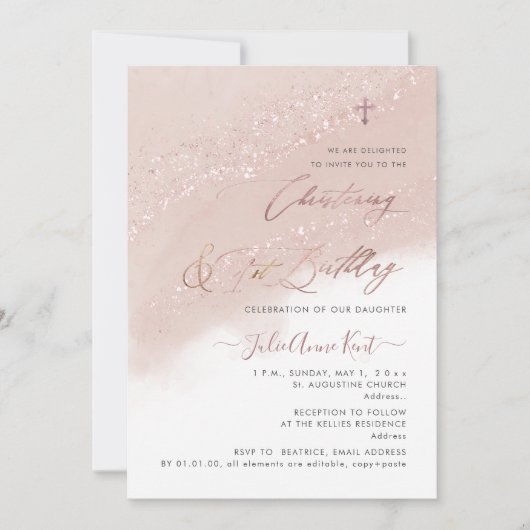 PixDezines Rose Gold Christening+1. Geburtstag Einladung (Vorderseite)