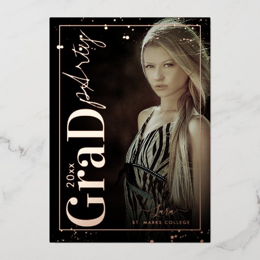 PixDezines Rose Gold Graduation Party Real Folieneinladung (Vorderseite)