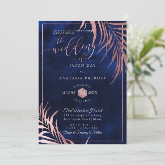 PixDezines Rose Gold Palm Fronds+H2O Marine Einladung (Stehend Vorderseite)