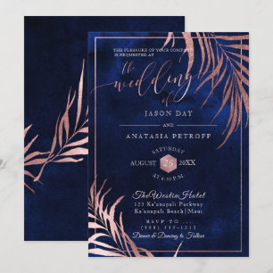 PixDezines Rose Gold Palmwedel+H2O Navy Einladung