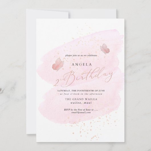 PixDezines Rose Gold Rosa Schmetterlinge Wasserfar Einladung (Rückseite)