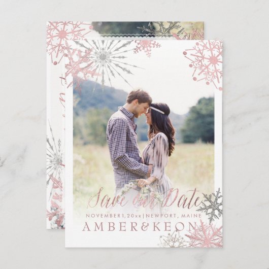 PixDezines ROSE GOLD SNOWFLAKES/MARBLE/RETT-DATUM Ankündigungspostkarte (Vorne/Hinten)