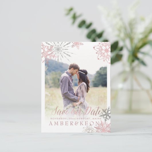 PixDezines ROSE GOLD SNOWFLAKES/MARBLE/RETT-DATUM Ankündigungspostkarte (Stehend Vorderseite)