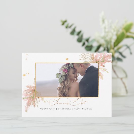 PixDezines Rose Pampas Imitats Gold Fan Palms Save The Date (Stehend Vorderseite)