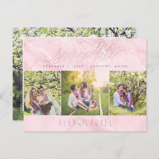 PixDezines Rose Quarz Rett Datum/Blush Confetti Postkarte (Vorne/Hinten)