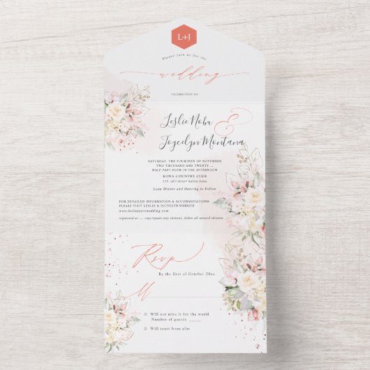PixDezines Rose Wasserfarbenblush Creme All In One Einladung (Innen Boden)