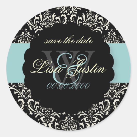 PixDezines Rossi Damask/Black+Blue Runder Aufkleber (Vorderseite)