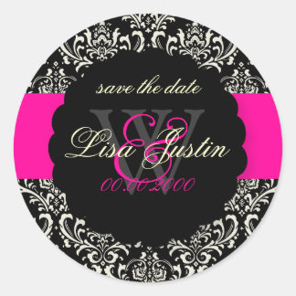 PixDezines Rossi Damask/Black+Hot Pink Runder Aufkleber