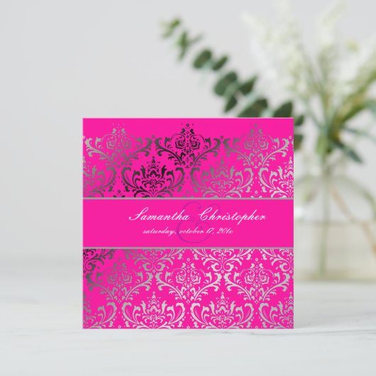 PixDezines Rossi Damask, Hot Pink Einladung (Stehend Vorderseite)
