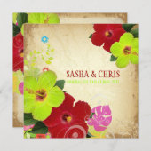 PixDezines rot+grün Hibiskus+monstera Einladung (Vorne/Hinten)