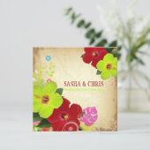 PixDezines rot+grün Hibiskus+monstera Einladung (Stehend Vorderseite)