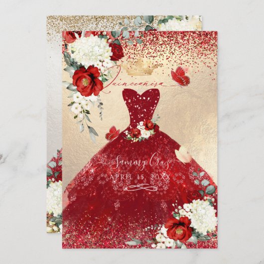 PixDezines Rote Rosen Quinceanera Dress Einladung (Vorne/Hinten)