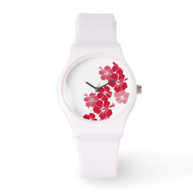 PixDezines roter Hibiskus/Deuchhintergrund Armbanduhr (Vorderseite)