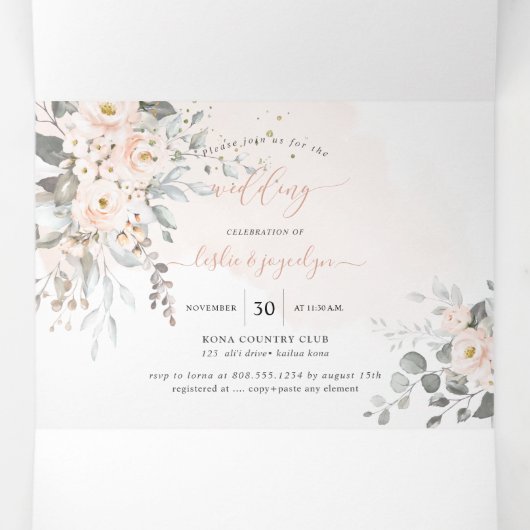 PixDezines Rustic Dusty Blush Rose Eukalyptus Dreifach Gefaltete Einladung (Innenseite Mitte)