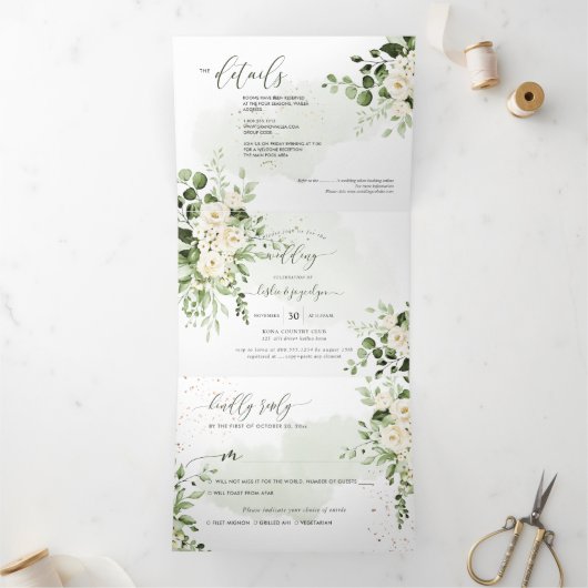 PixDezines Rustic Eucalyptus Alabaster Rose Tri-F Dreifach Gefaltete Einladung (Innenseite)