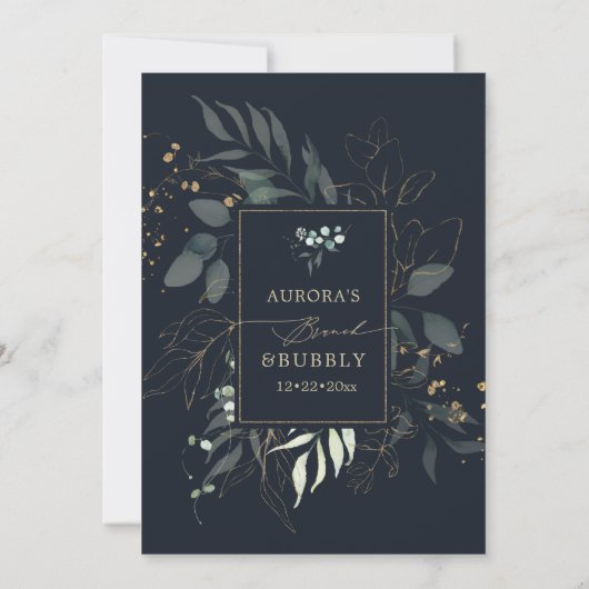 PixDezines Rustic Eucalyptus Navy Bruncy Bubbly Einladung (Rückseite)