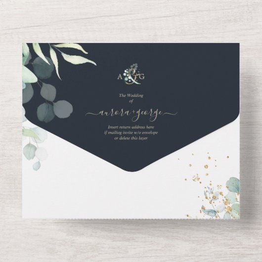 PixDezines Rustic Eucalyptus Navy n Gold All In One Einladung (Rückseite)