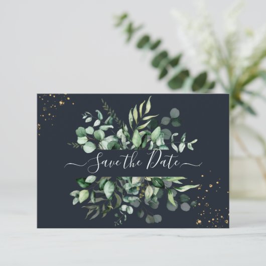 PixDezines Rustic Eucalyptus Navy n Gold Save The Date (Stehend Vorderseite)