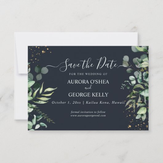 PixDezines Rustic Eucalyptus Navy n Gold Save The Date (Rückseite)