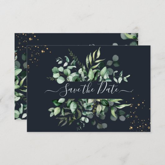 PixDezines Rustic Eucalyptus Navy n Gold Save The Date (Vorne/Hinten)