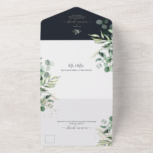 PixDezines Rustic Eukalyptus Navy n Gold All In One Einladung (Außenbereich)