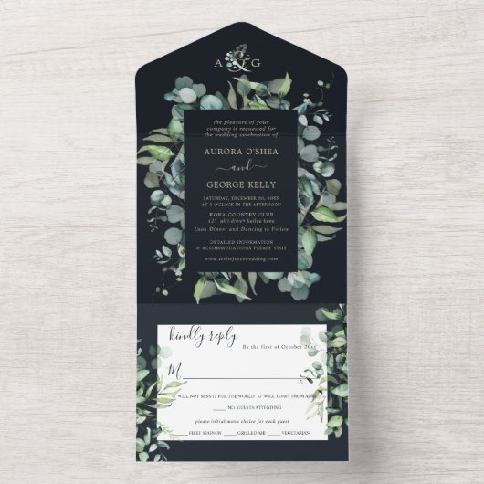 PixDezines Rustic Eukalyptus Navy n Gold All In One Einladung (Innen Boden)