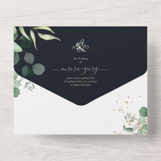 PixDezines Rustic Eukalyptus Navy n Gold All In One Einladung (Rückseite)