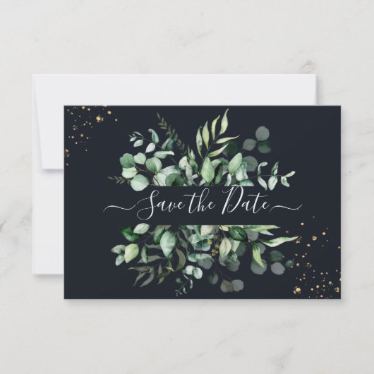 PixDezines Rustic Eukalyptus Navy n Gold Rettete T Save The Date (Vorderseite)