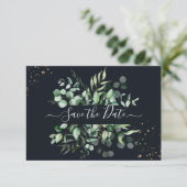 PixDezines Rustic Eukalyptus Navy n Gold Rettete T Save The Date (Stehend Vorderseite)